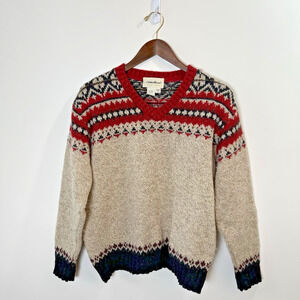 Eddie‎ Bauer Women's Wool Fair Isle Sweater Size S P Beige Timeless Festive Cozy